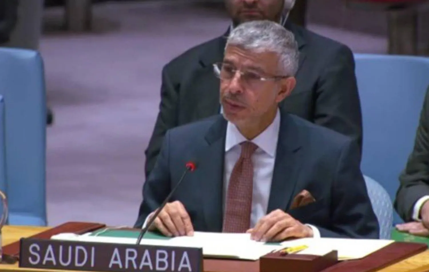 الدكتور عبد العزيز الواصل يتحدث خلال جلسة مجلس الأمن بشأن اليمن في نيويورك الأربعاء (البعثة السعودية)