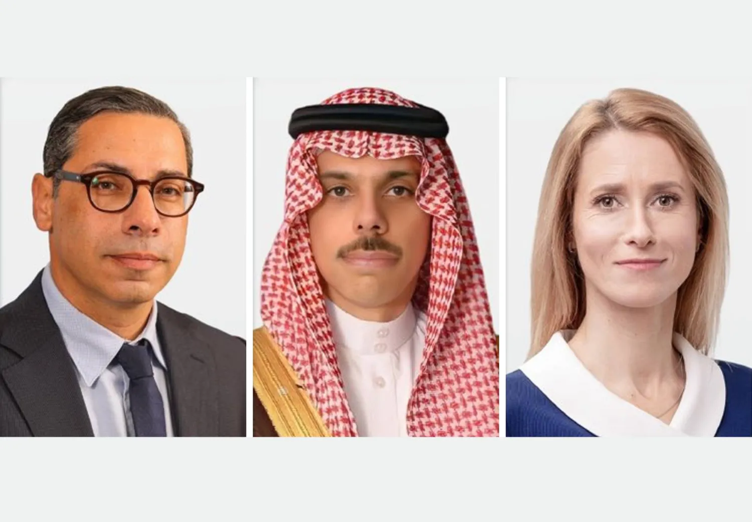 الأمير فيصل بن فرحان متوسطاً كايا كالاس وكونستانتينوس كومبوس (الخارجية السعودية)