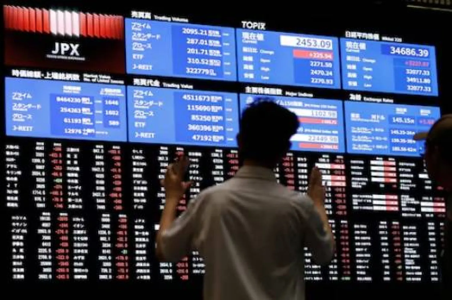 شخص يراقب لوحة أسعار الأسهم في بورصة طوكيو (رويترز)