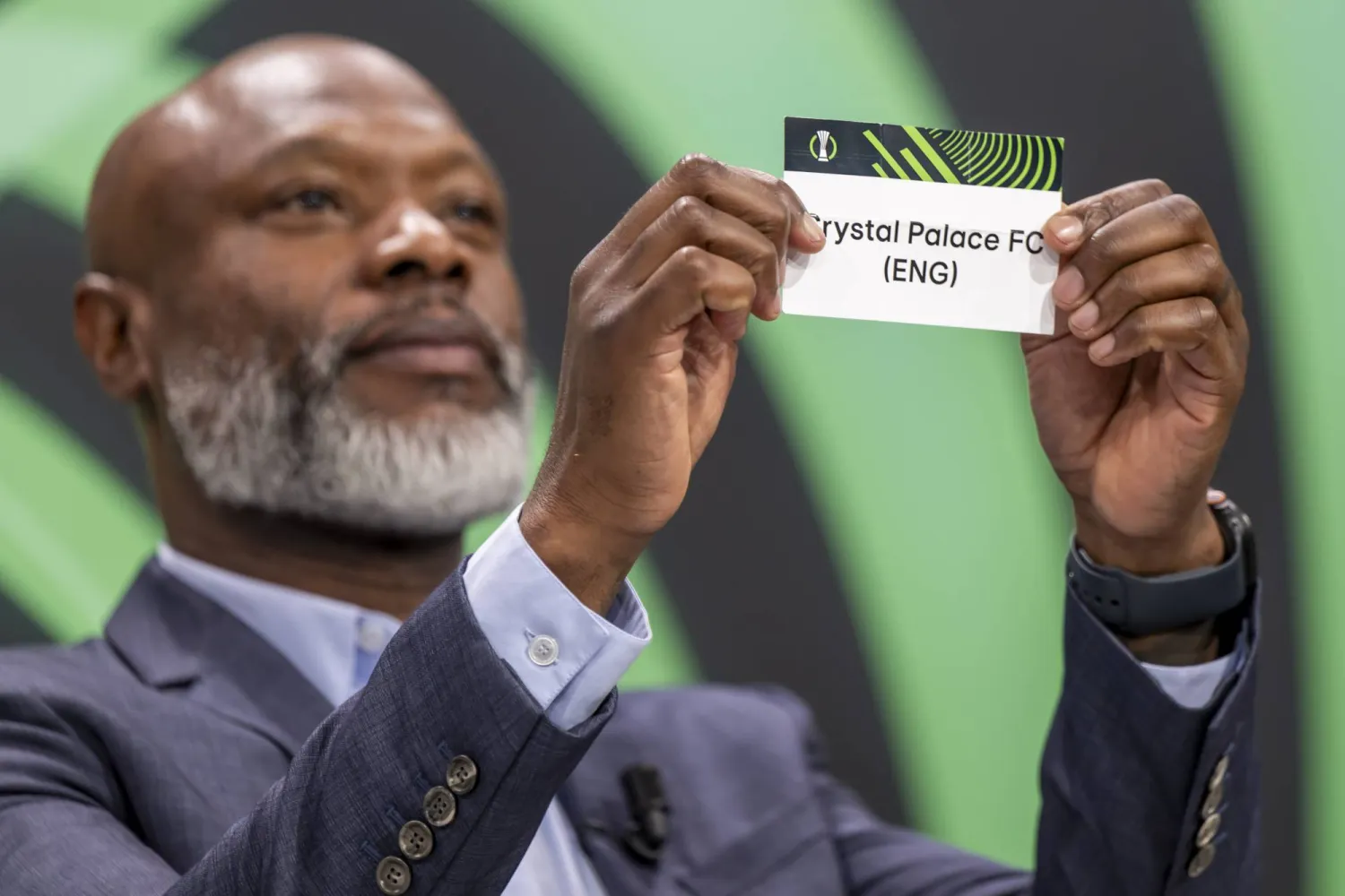 William Gallas, former French international player shows a ticket of Crystal Palace FC during the UEFA Conference League 2025/26 Knockout play-offs round draw, at the UEFA headquarters in Nyon, Switzerland, 16 January 2026. EPA/MARTIAL TREZZINI