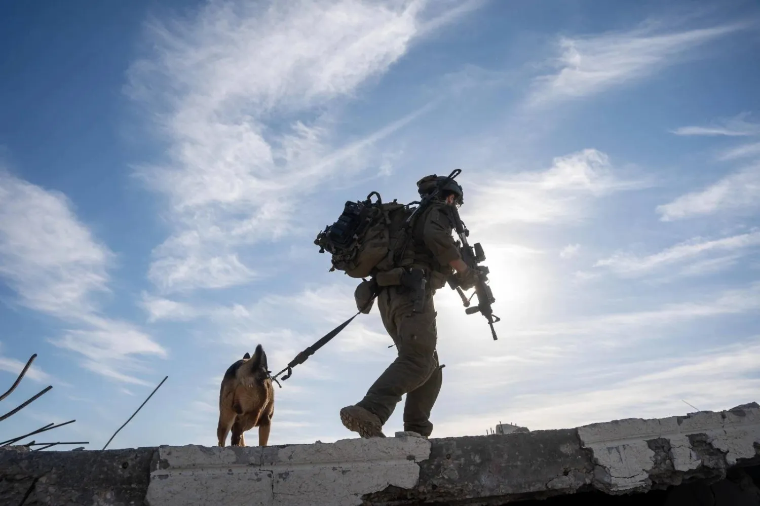 جندي إسرائيلي ومعه أحد الكلاب المدرَّبة خلف الخط الأصفر بقطاع غزة (الجيش الإسرائيلي)