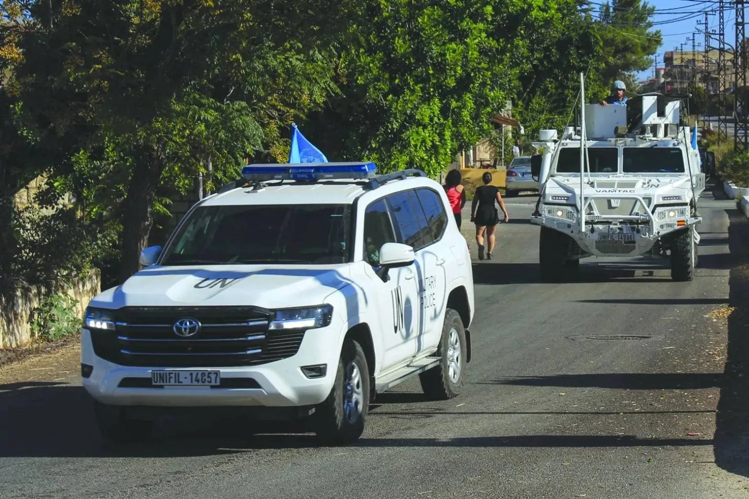 A convoy from the Spanish contingent of the United Nations Interim Force in Lebanon (UNIFIL) passes through the town of Qlayaa in southern Lebanon, October 12, 2024. dpa