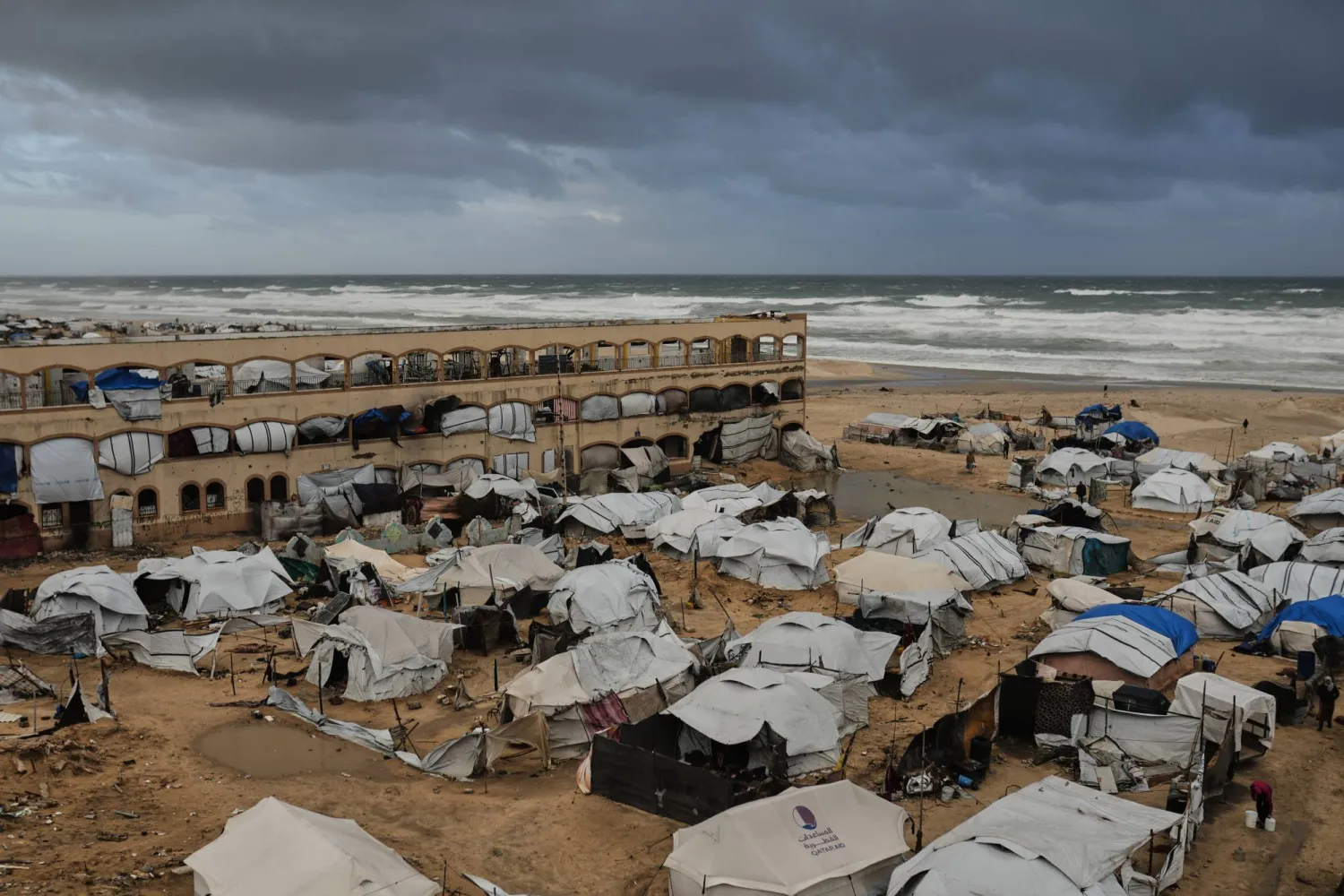 FILE - A displacement camp sheltering Palestinians on a beach amid stormy weather is seen in Gaza City, Jan. 13, 2026. (AP Photo/Jehad Alshrafi, File)