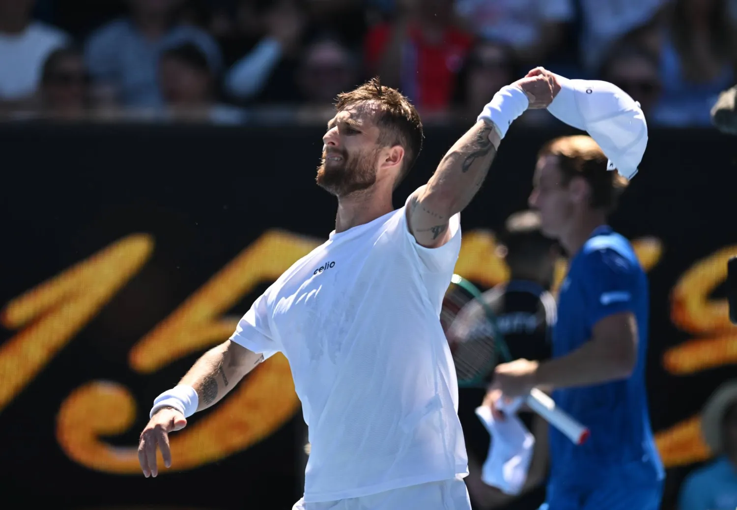 Corentin Moutet of France reacts after winning the Men’s 1st round match against Tristan Schoolkate of Australia on day 1 of the 2026 Australian Open tennis tournament at Melbourne Park in Melbourne, Australia, 18 January 2026. (EPA)