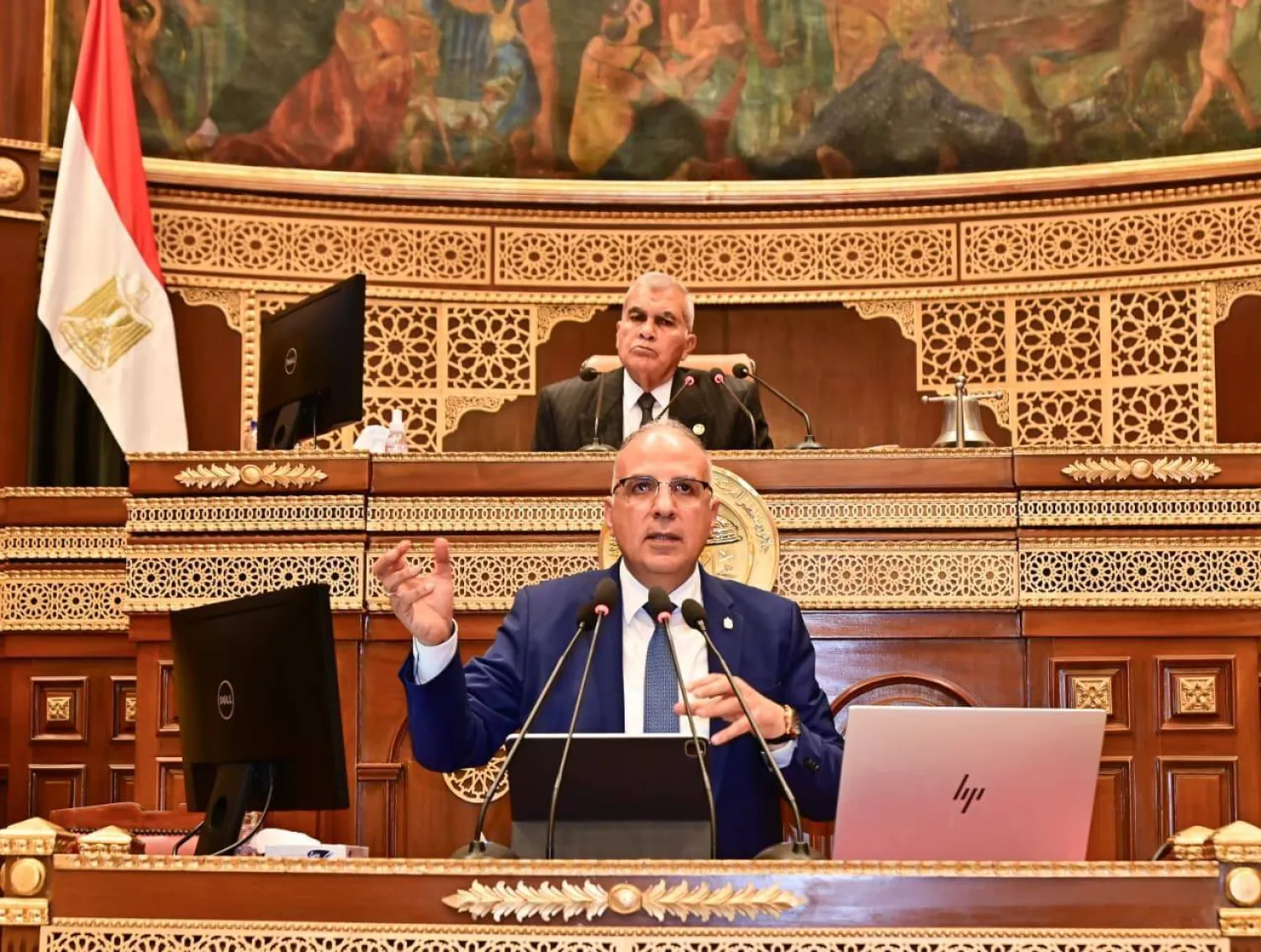 وزير الري المصري هاني سويلم خلال كلمته أمام مجلس الشيوخ يوم الأحد (وزارة الري المصرية)