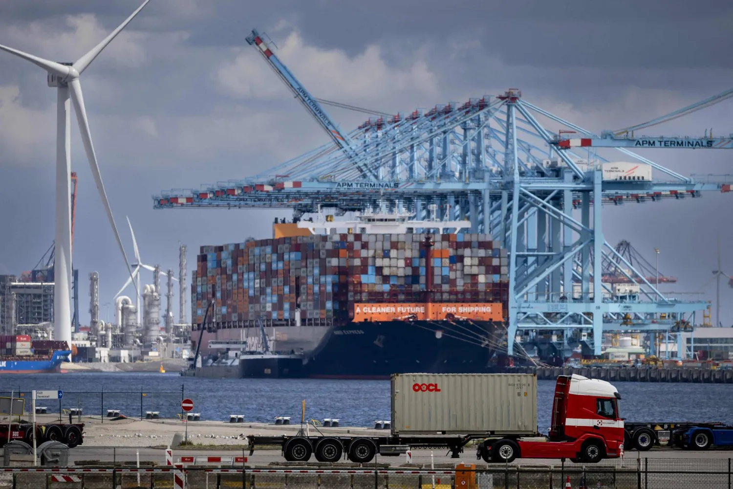 A photo shows containers and transshipment at Maasvlakte, an industrial area in the port of Rotterdam, on July 21, 2025. (AFP)