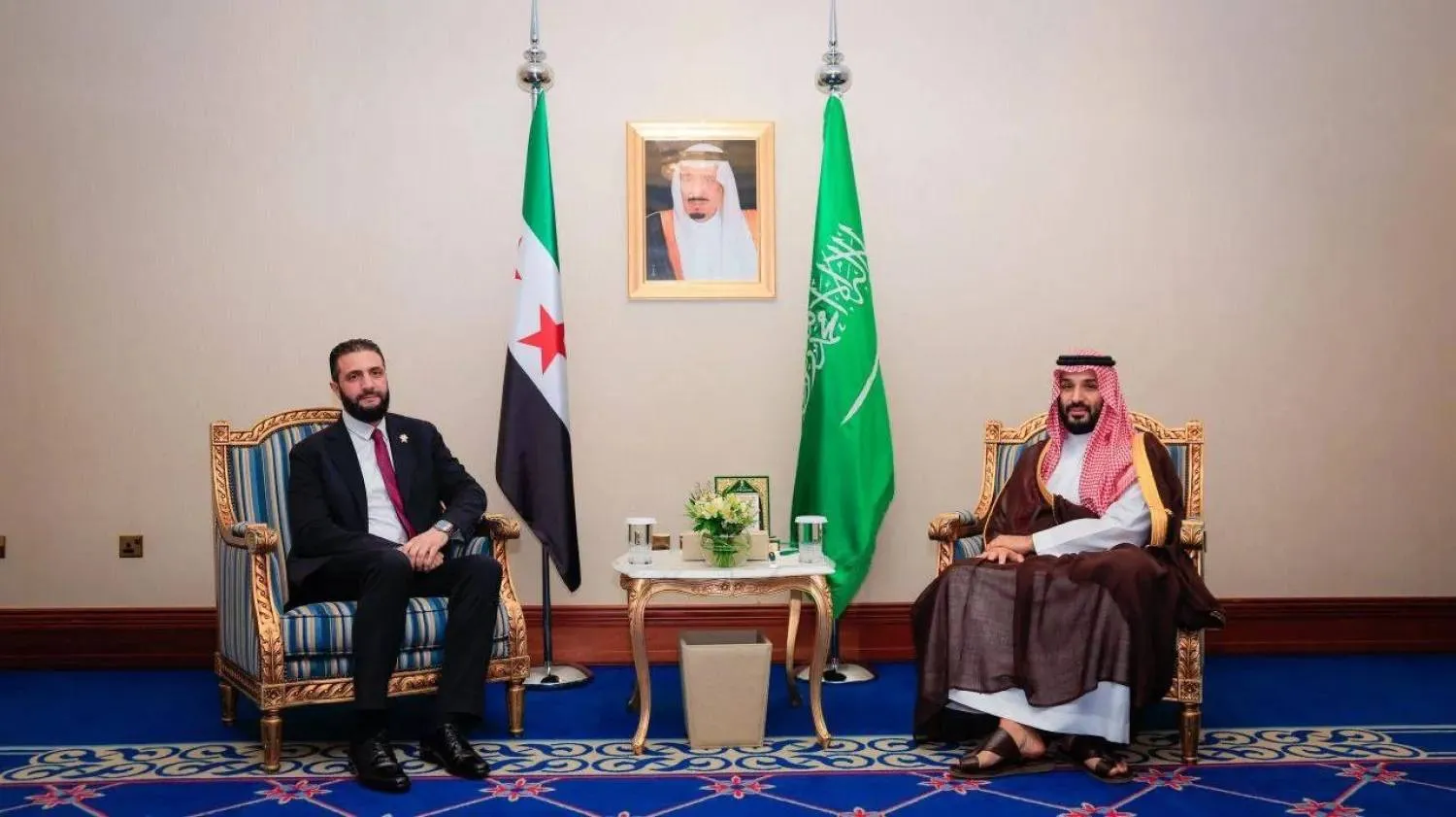 Prince Mohammed bin Salman bin Abdulaziz Al Saud, Saudi Crown Prince and Prime Minister, meets with Syrian President Ahmed al-Sharaa in Doha on September 15, 2025. (SPA) 