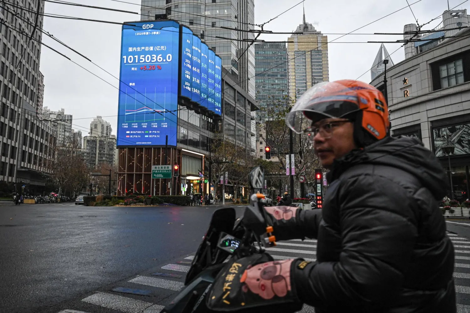 رجل على دراجة نارية في أحد شوارع مدينة شنغهاي الصينية (أ.ف.ب)