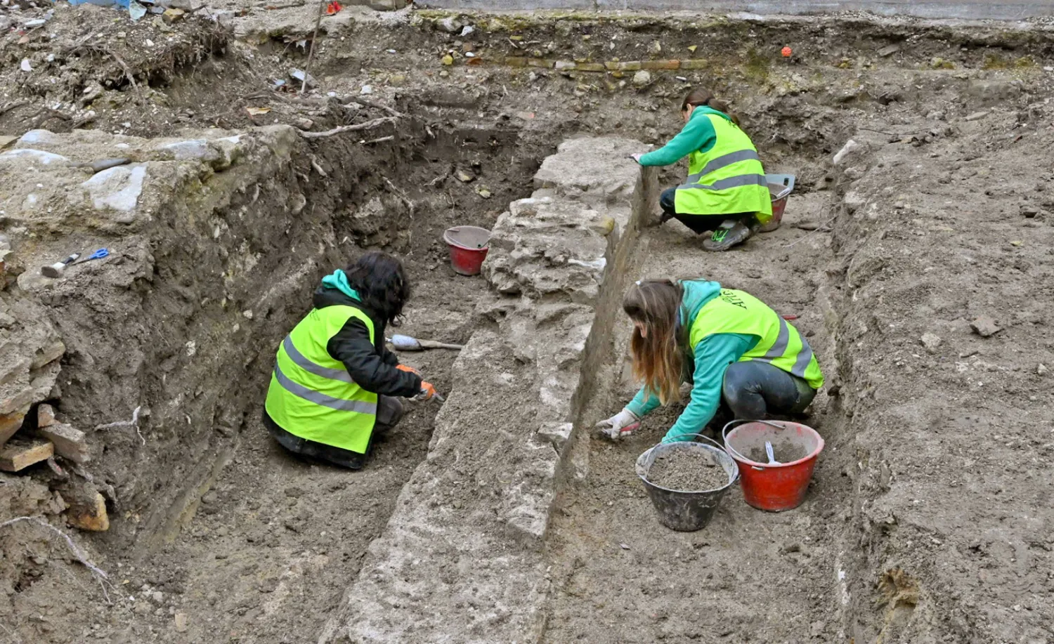 A handout photo made available by Regione Marche press office shows the excavations in Piazza Andrea Costa from which large columns emerge, remains believed of the Basilica of Vitruvius, in Fano, Italy, 19 January 2026. (EPA/Regione Marche press office)