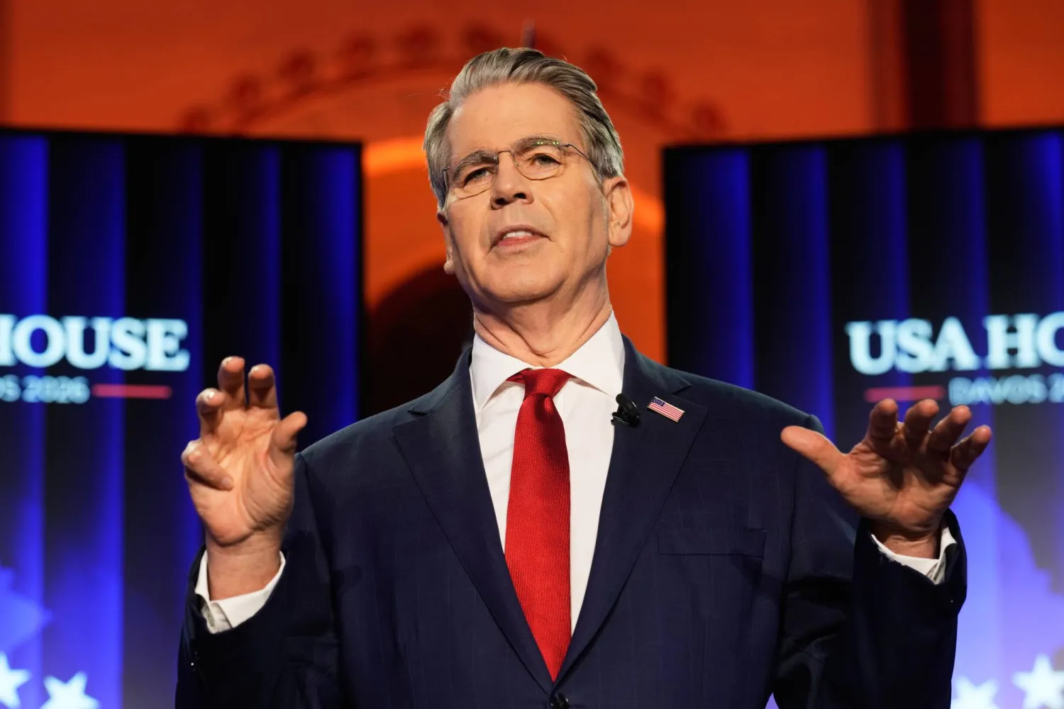 Scott Bessent, US Secretary of the Treasury, holds a speech at the USA House during the Annual Meeting of the World Economic Forum in Davos, Switzerland, Tuesday, Jan. 20, 2026. (AP)