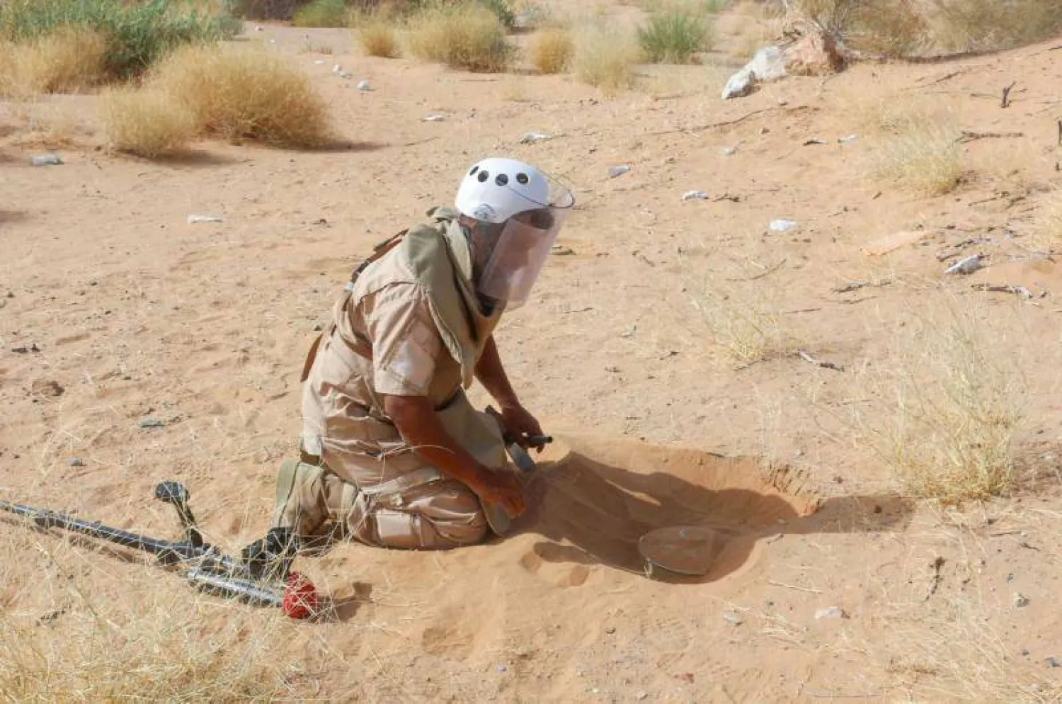 مختص من الجيش اليمني يزيل أحد الألغام الحوثية في محافظة شبوة (أ.ف.ب)