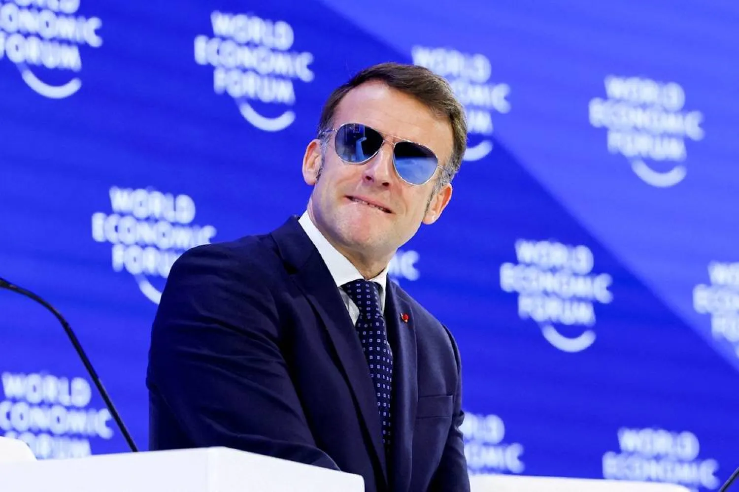  France's President Emmanuel Macron attends the 56th annual World Economic Forum (WEF) meeting in Davos, Switzerland, January 20, 2026. (Reuters)