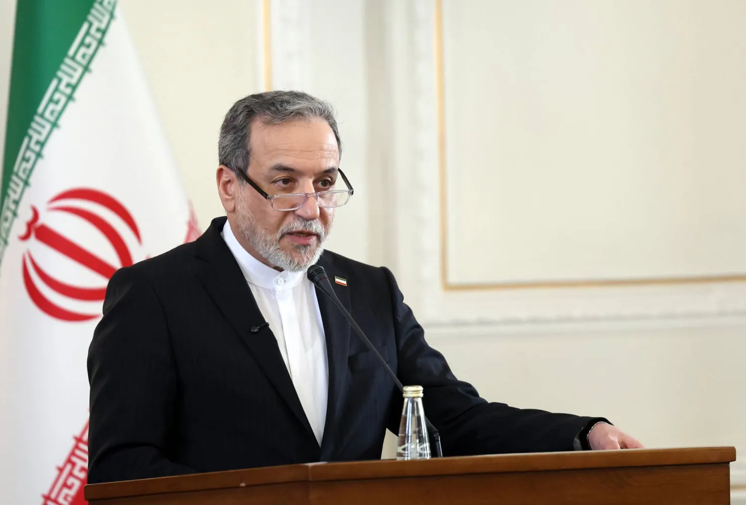 Iranian Foreign Minster Abbas Araghchi speaks during a joint press conference with the Iraqi Foreign Minister in Tehran, Iran, 18 January 2026. Hussein is in Tehran to meet with Iranian officials. (EPA)