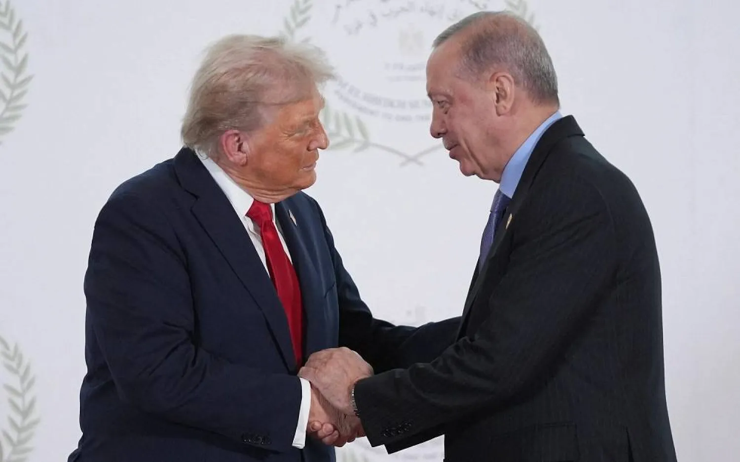 US President Donald Trump, left, greets Turkish President Recep Tayyip Erdogan during a summit on Gaza in Sharm el-Sheikh on October 13, 2025. (AFP)