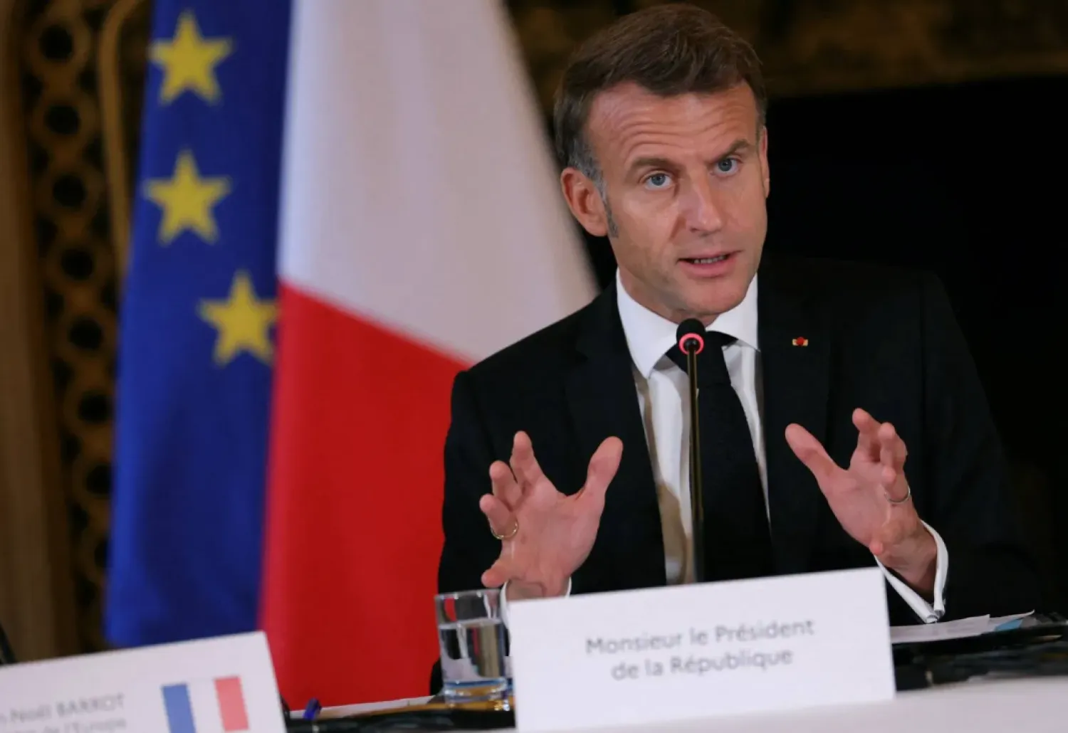 France's President Emmanuel Macron speaks during a ministerial meeting on the implementation of the Middle East peace plan at the Quai d'Orsay, in Paris, France October 9, 2025. Thomas Samson/Pool via REUTERS
