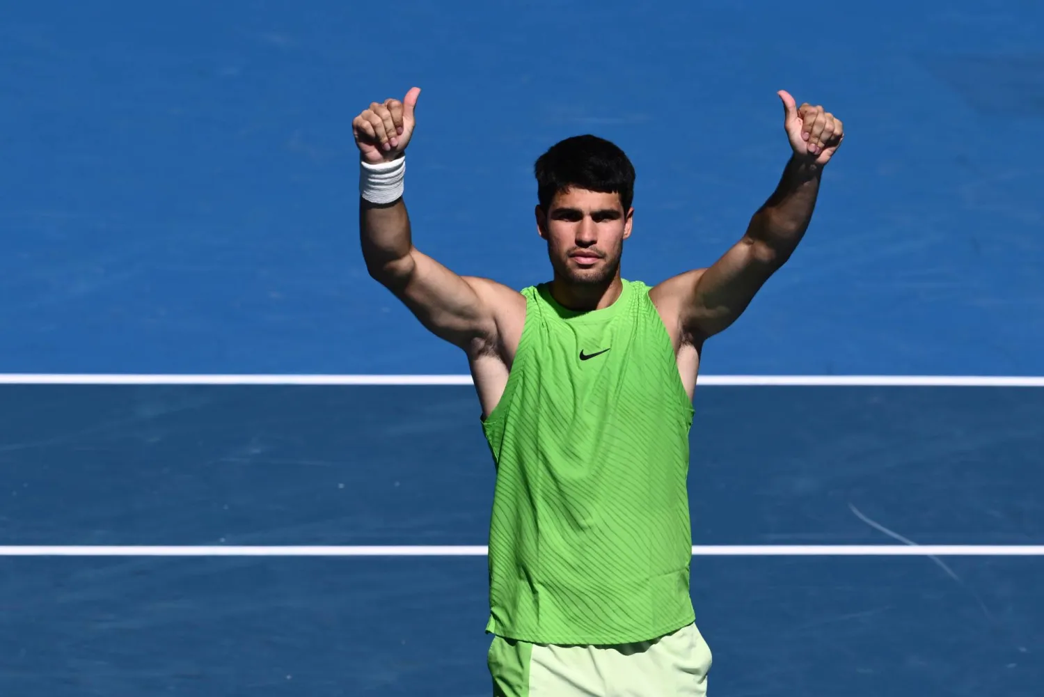 Carlos Alcaraz of Spain celebrates match point during his men's singles third-round match against Corentin Moutet of France on day six of the 2026 Australian Open tennis tournament at Melbourne Park in Melbourne, Australia, 23 January 2026. (EPA)
