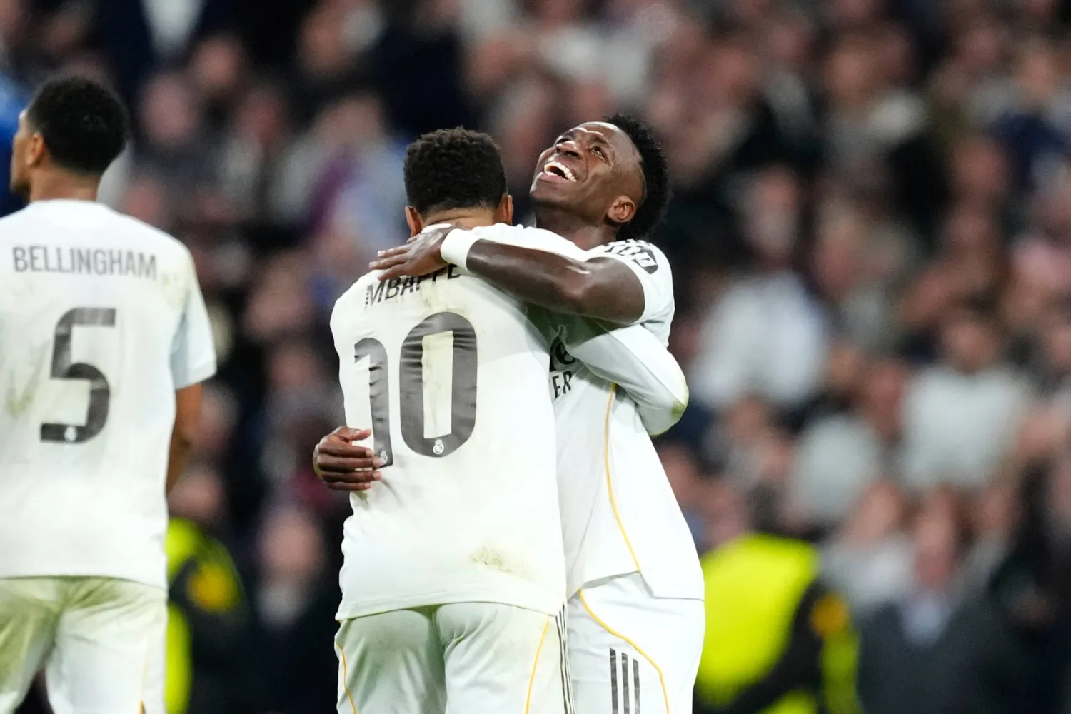 Real Madrid's Vinicius Junior celebrates his side's fifth goal during the Champions League opening phase soccer match between Real Madrid and Monaco in Madrid on Tuesday, Jan. 20, 2026. (AP)