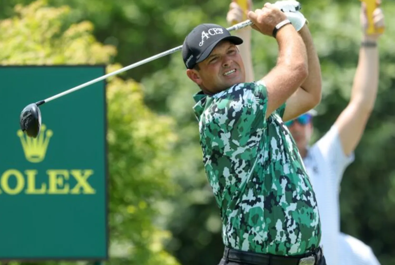 Jun 12, 2025; Oakmont, Pennsylvania, USA; Patrick Reed plays his shot from the first tee during the first round of the US Open golf tournament. Mandatory Credit: Charles LeClaire-Imagn Images 