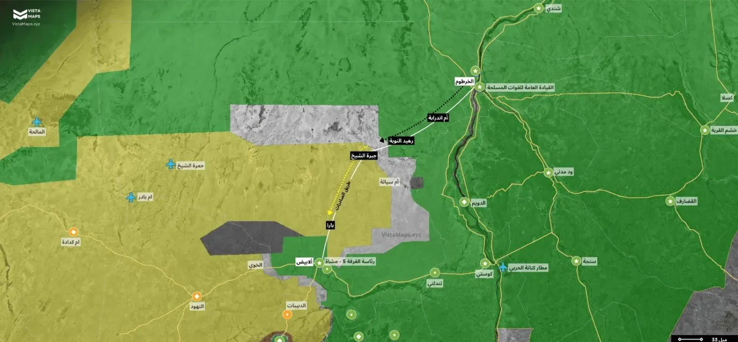 Hartum'u Batı Sudan'daki şehirlere bağlayan hayati öneme sahip "ihracat yolunu" gösteren bir harita