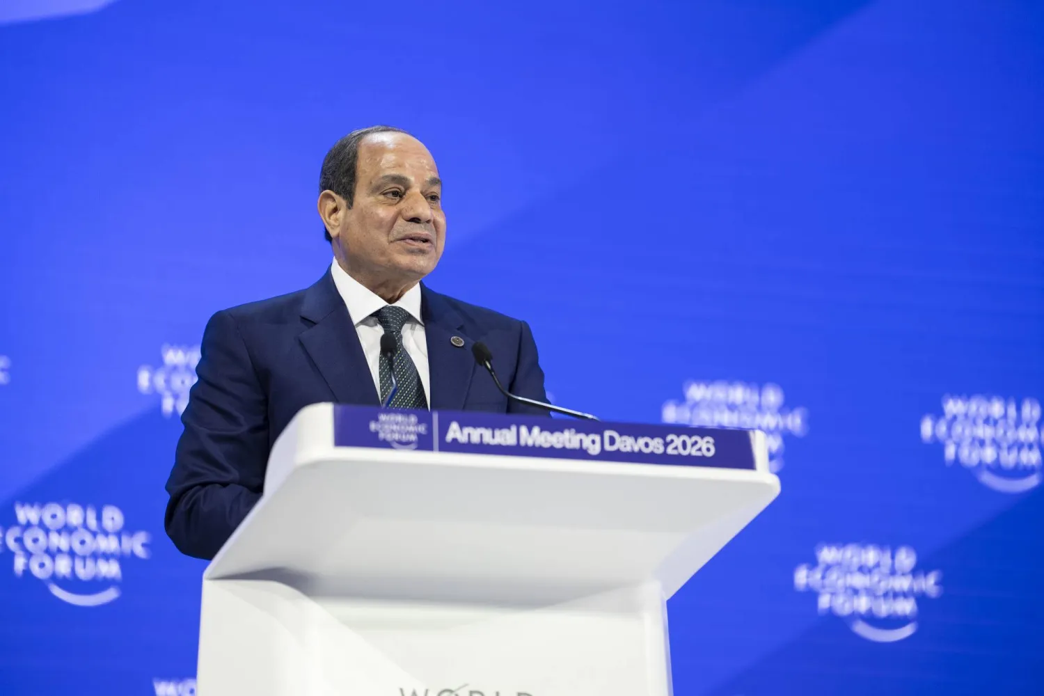 21 January 2026, Switzerland, Davos: Egyptian President Abdel Fattah al-Sisi speaks at the World Economic Forum annual meeting in Davos. (Faruk Pin/World Economic Forum/dpa)