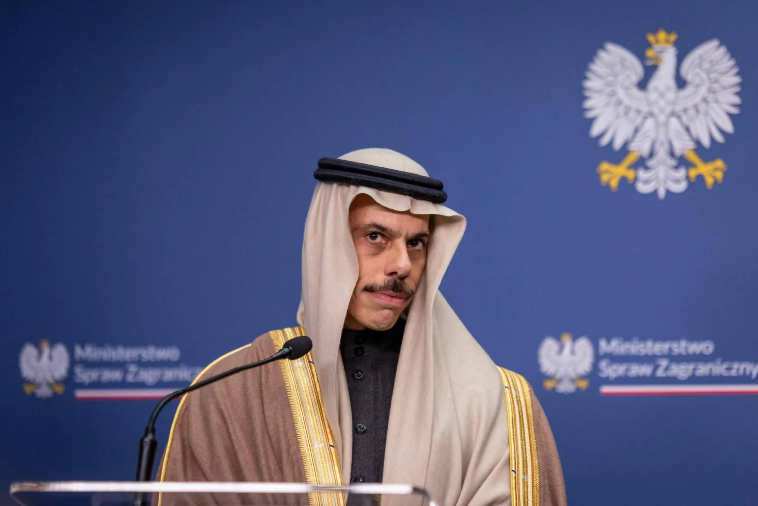 Saudi Foreign Minister Prince Faisal bin Farhan bin Abduallah and Poland's Foreign Affairs Minister (not in picture) give a joint press conference after their meeting at the Foreign Office in Warsaw, January 26, 2026. (AFP) 