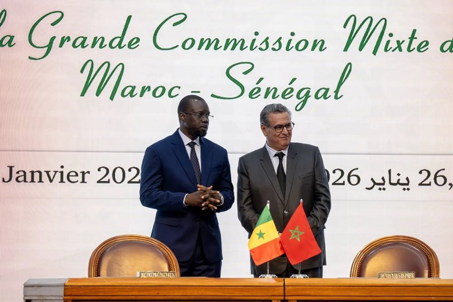 Senegal's Prime Minister Ousmane Sonko (L) and Morocco's Prime Minister Aziz Akhannouch attend the signing ceremony of a joint statement during the 15th session of the Joint High Commission between Morocco and Senegal, in Rabat, Morocco, 26 January 2026. (EPA) 