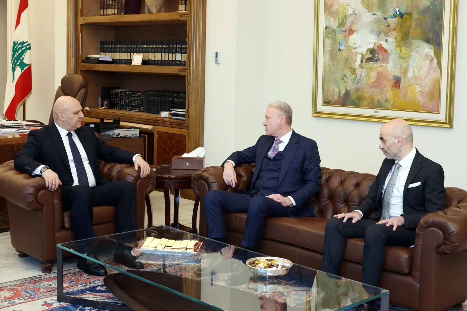 President Joseph Aoun meets with Foreign Minister Youssef Raggi on Monday. (Lebanese Presidency)