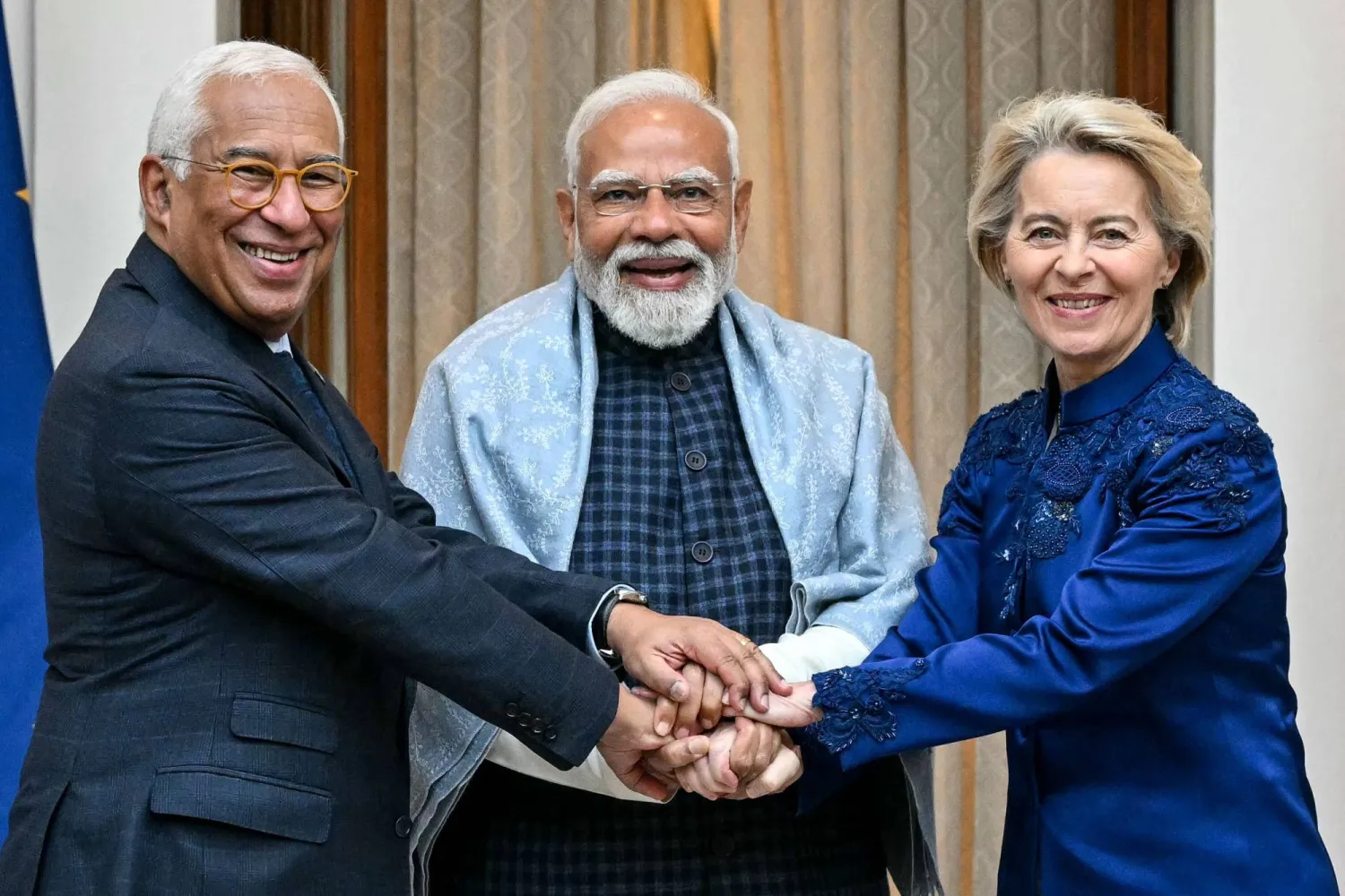 India's Prime Minister Narendra Modi (C) poses for a photograph with European Commission President Ursula von der Leyen (R) and European Council President Antonio Costa before their meeting at the Hyderabad House in New Delhi on January 27, 2026. (AFP)
