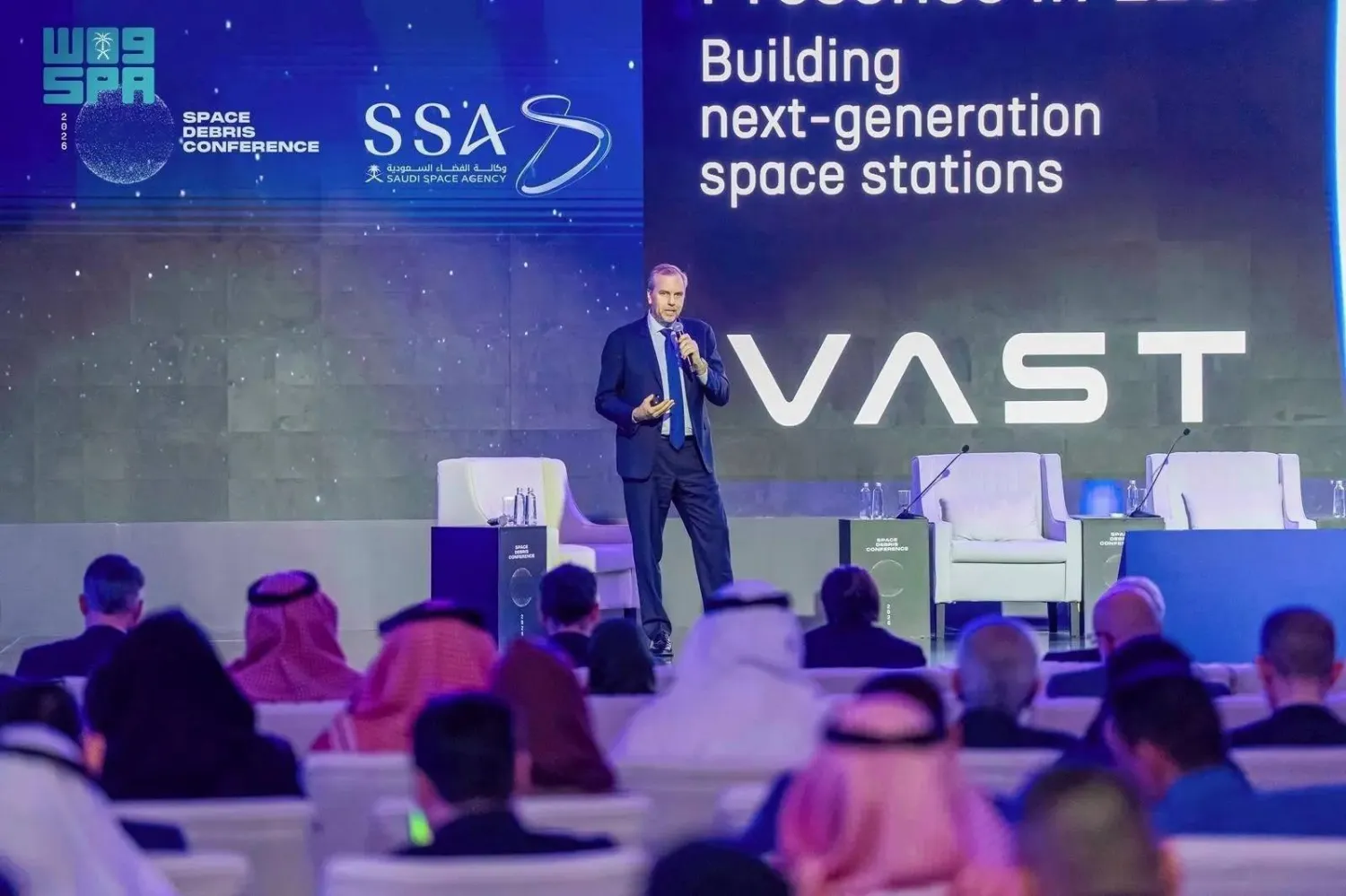 Chief Executive Officer of VAST Space Max Haot speaks at the Space Debris Conference 2026 in Riyadh. (SPA)