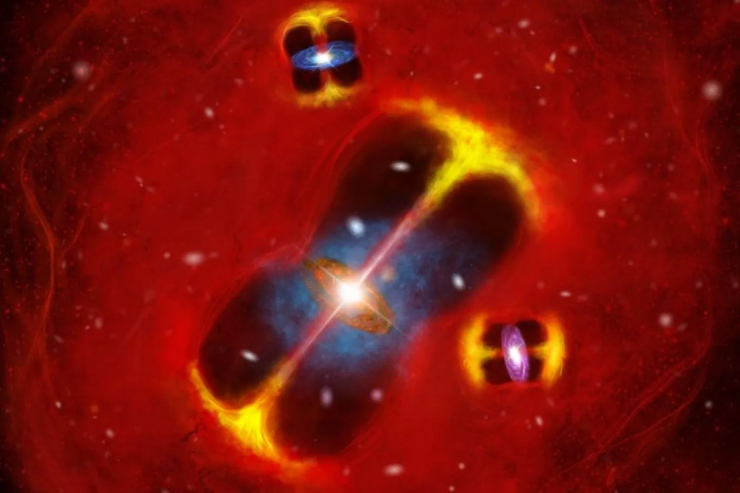 Erken evrende oluşan bir galaksi kümesinin sanatçı tarafından tasviri: Aktif galaksilerden gelen radyo jetleri, sıcak bir küme içi atmosfere (kırmızı) gömülü halde ve yeni oluşan kümede büyük bir termal gaz rezervi görülüyor (Lingxiao Yuan)