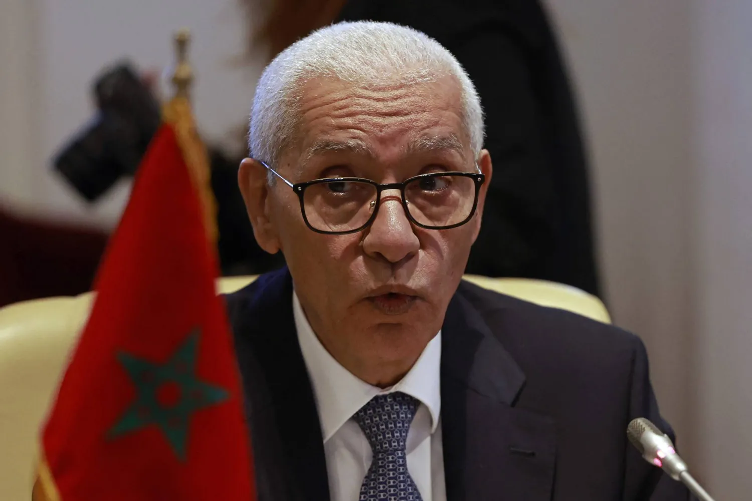 رشيد الطالبي العلمي رئيس مجلس النواب المغربي خلال افتتاح أشغال أعمال الدورة الخامسة للمنتدى البرلماني المغربي الفرنسي (أ.ف.ب)