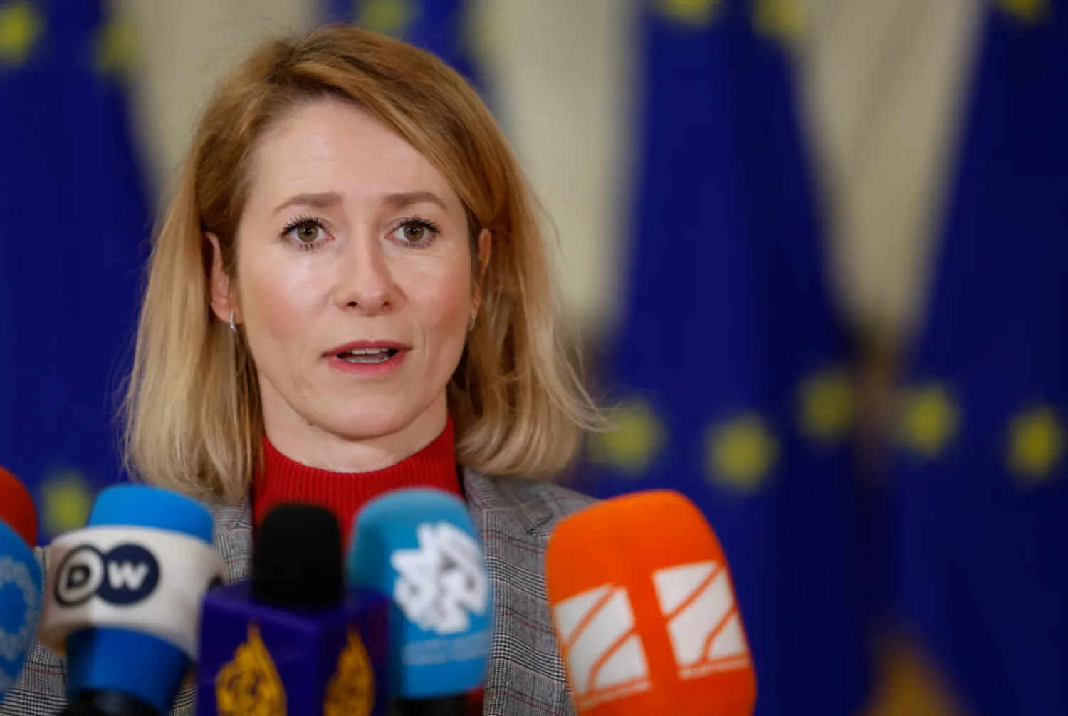 European Union foreign policy chief Kaja Kallas speaks with the media as she arrives for a meeting of EU foreign ministers at the European Council building in Brussels, Thursday, Jan. 29, 2026. (AP Photo/Geert Vanden Wijngaert)