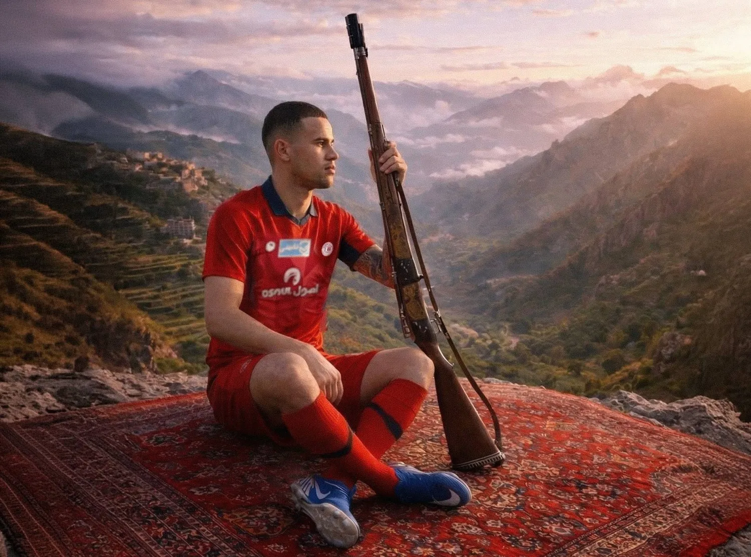 منشور يظهر اللاعب آريلسون وإلى جانبه بندقية مرتدياً قميص ضمك (موقع النادي)