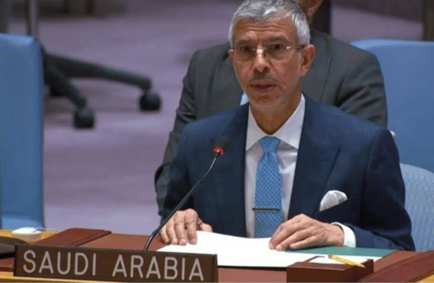 الدكتور عبد العزيز الواصل خلال إلقائه الكلمة أمام جلسة مجلس الأمن في نيويورك الخميس (بعثة السعودية لدى الأمم المتحدة)