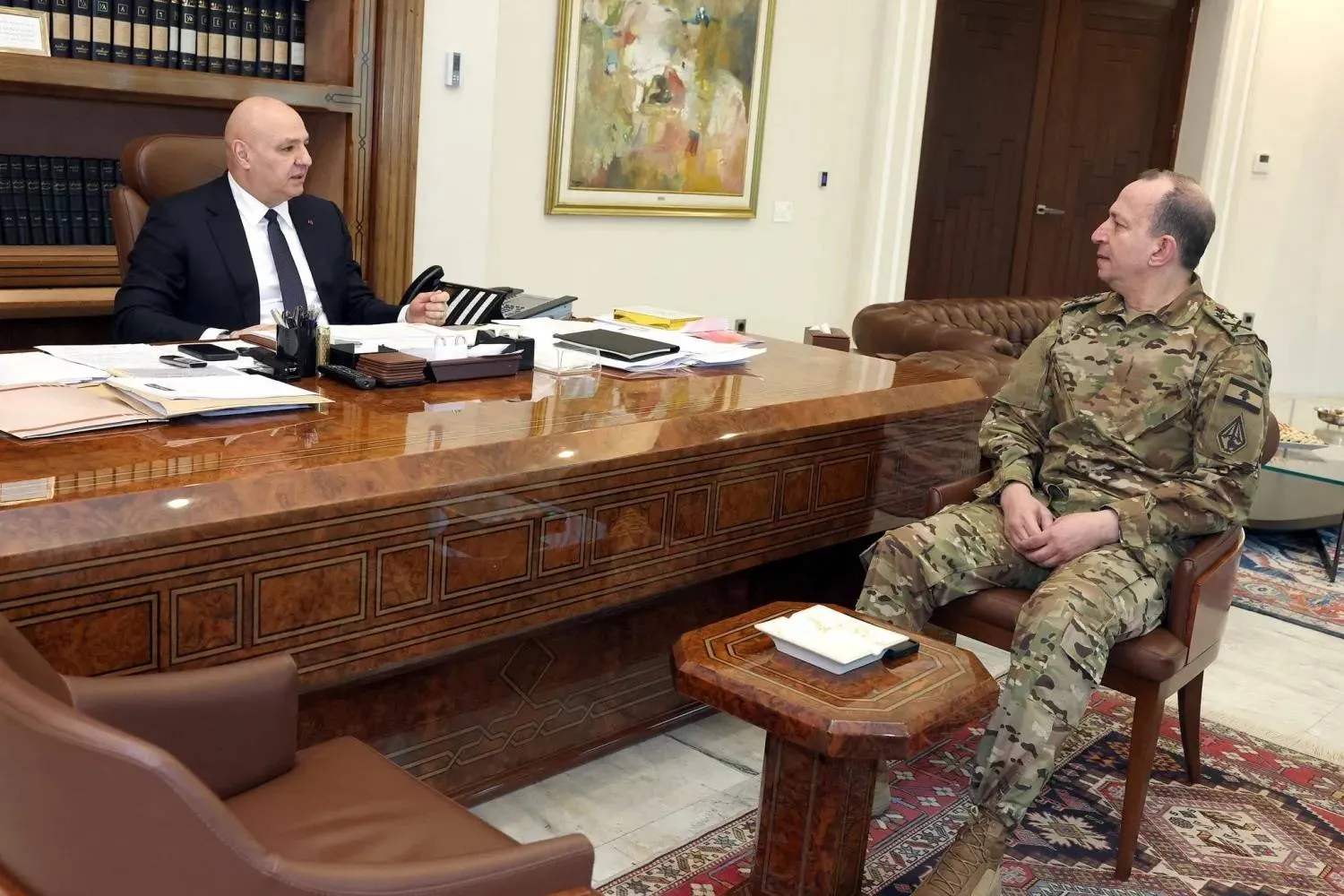 Lebanese President Joseph Aoun meets Armed Forces Commander General Rodolphe Haykal ahead of his departure for Washington (Lebanese Presidency)