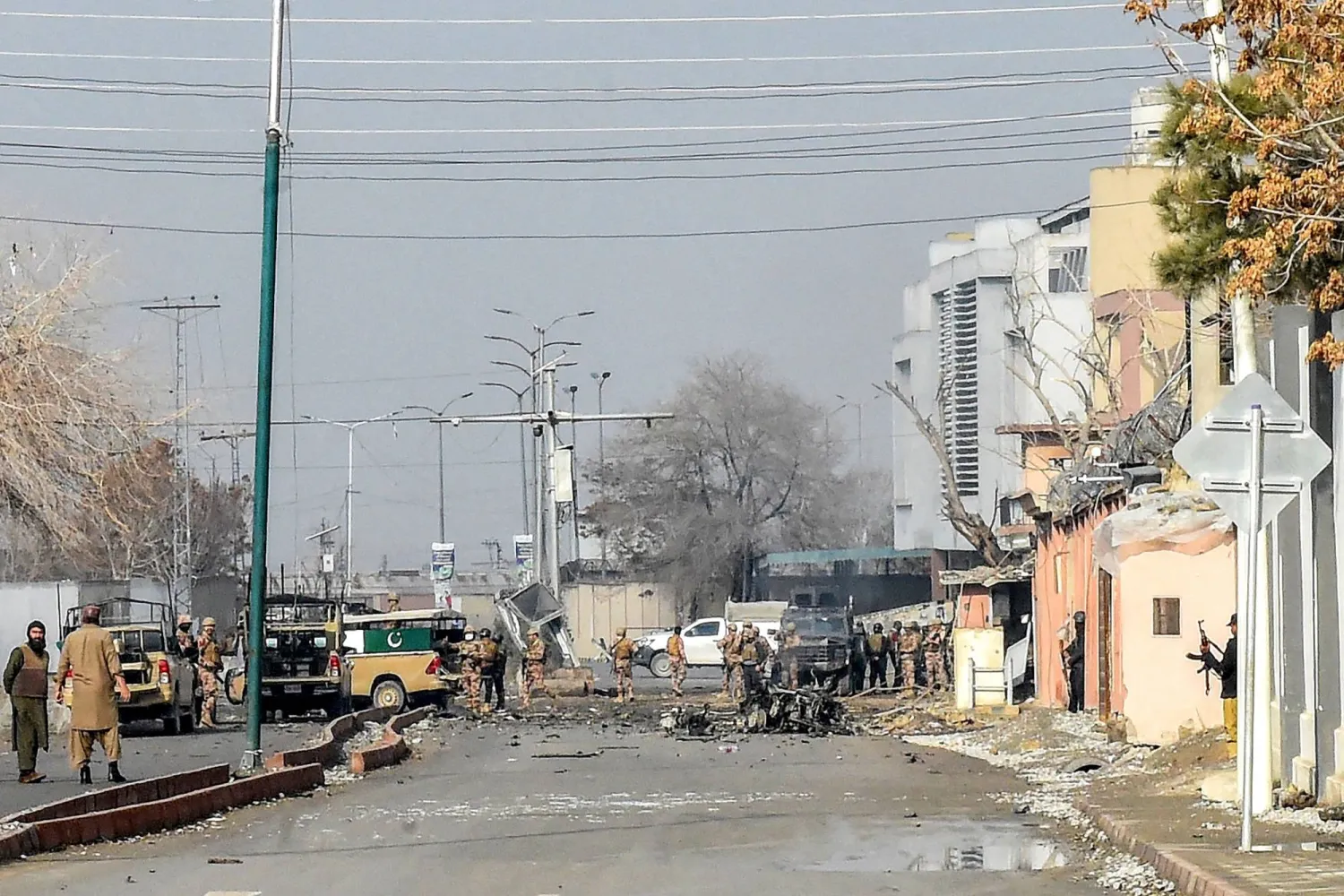 Security personnel inspect the blast site after an attack by Baloch separatists in Quetta on January 31, 2026. (Photo by Adnan AHMED / AFP)