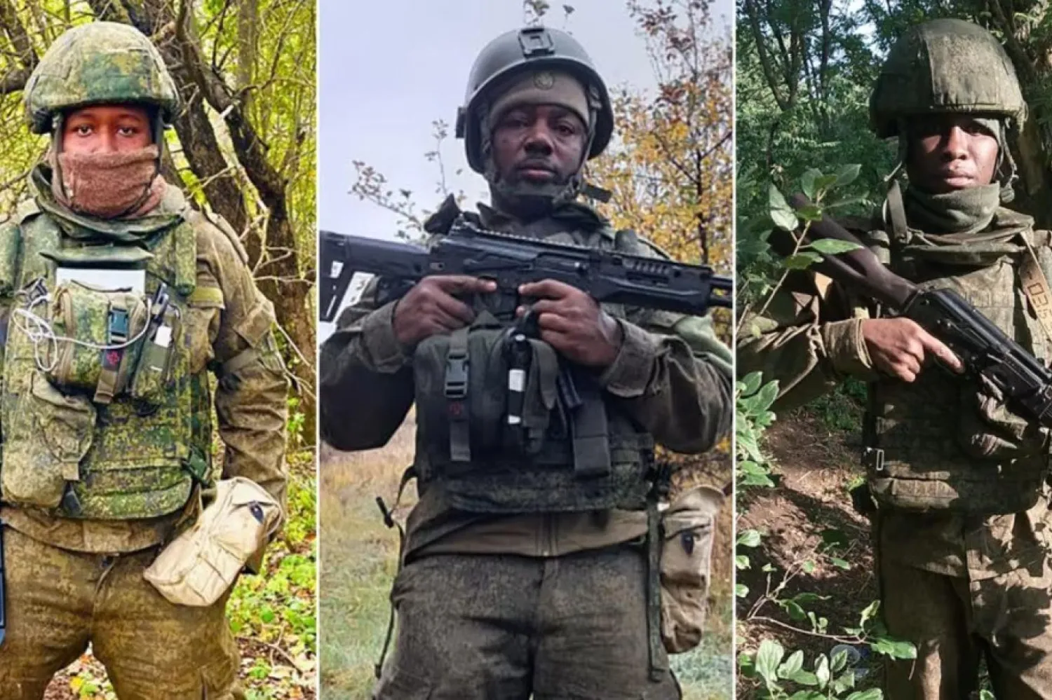 CNN'in irtibata geçtiği (soldan sağa) Charles Njoki, Patrick Kwoba ve Francis Ndarua, Rusya safında savaşan Afrikalılardan (CNN)