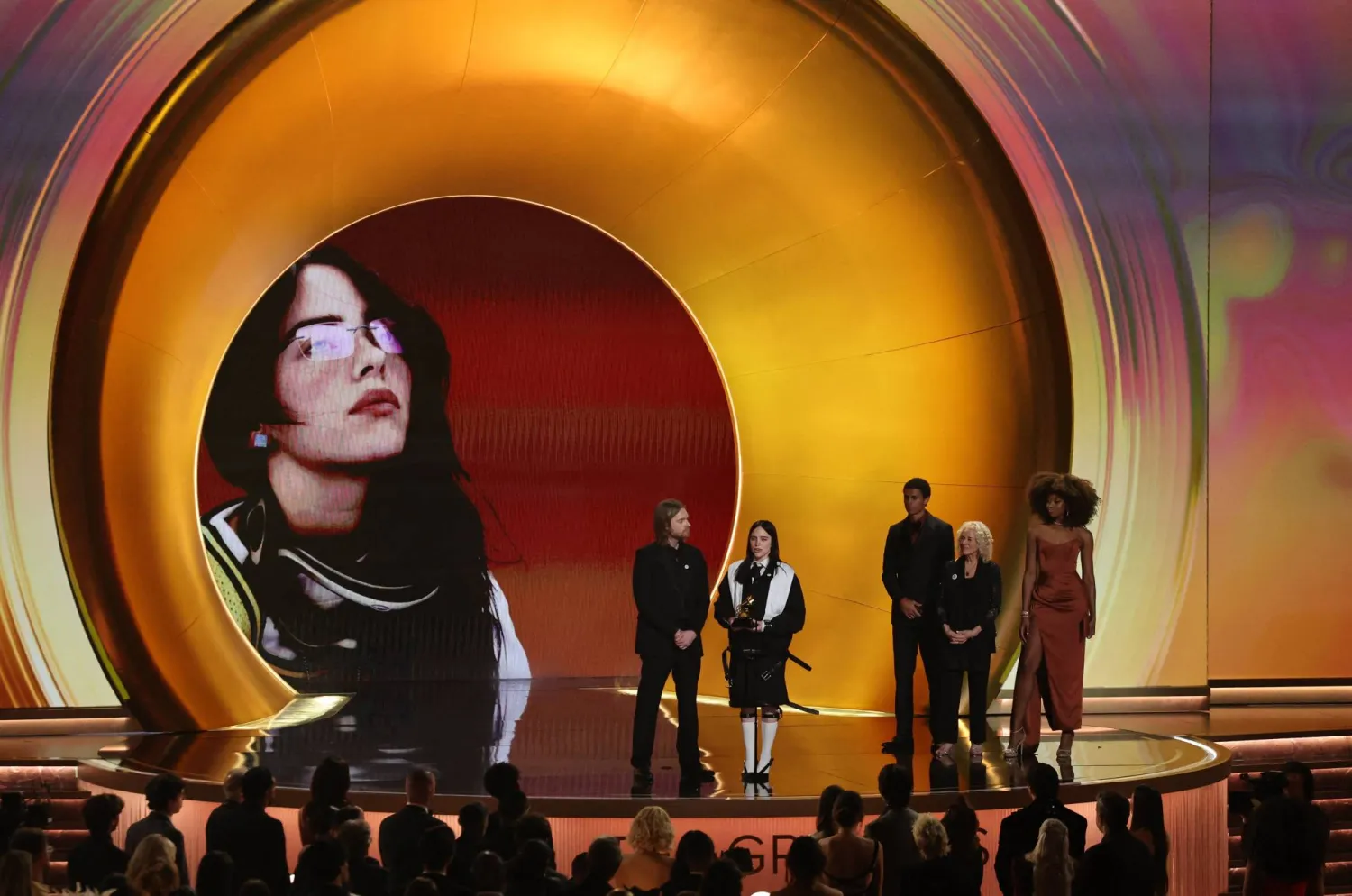 Billie Eilish accepts the award for Song of the Year for "WILDFLOWER" as Finneas looks on during the 68th Annual Grammy Awards in Los Angeles, California, US, February 1, 2026. REUTERS/Daniel Cole
