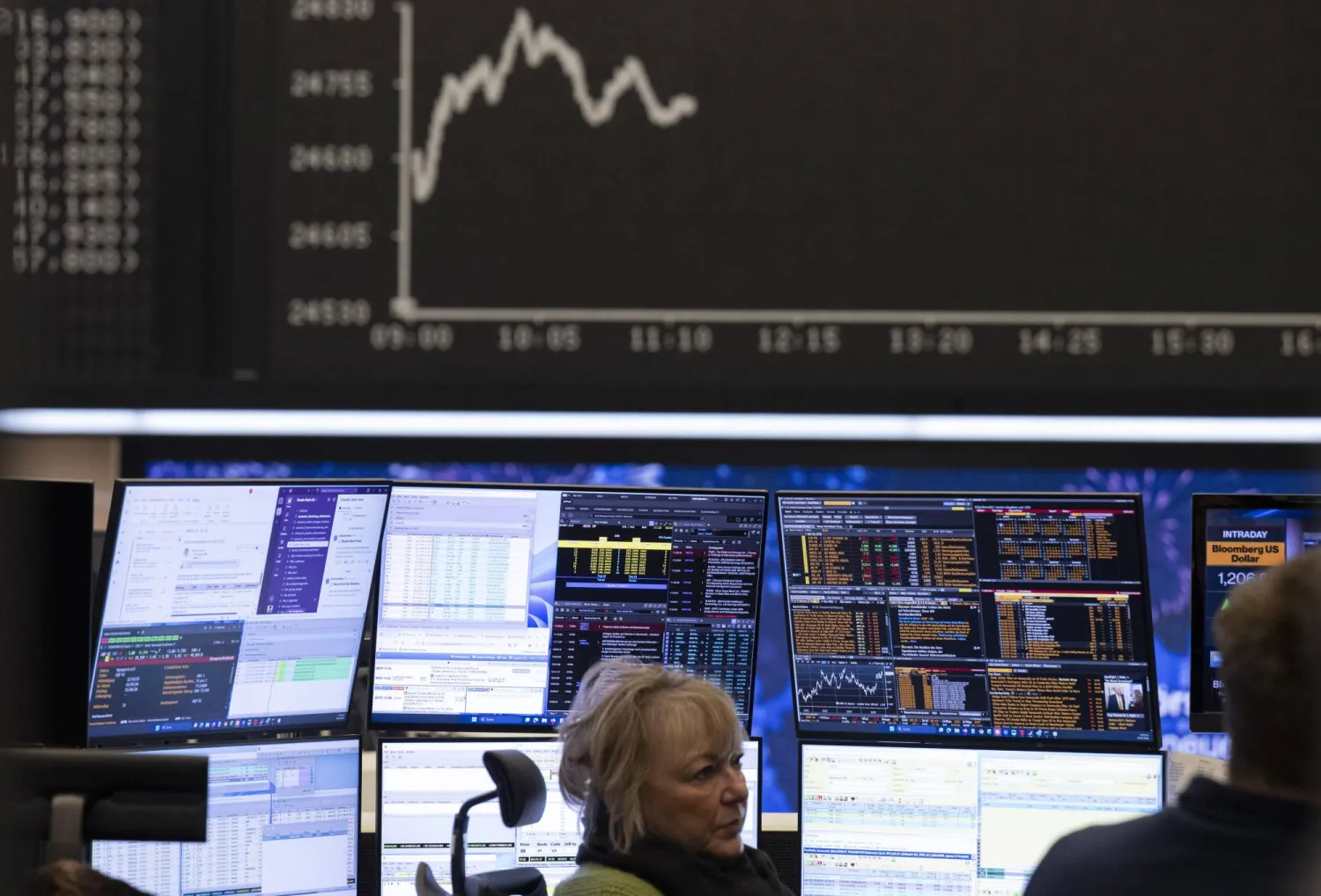 يتابع متداولو الأسهم اتجاه الأسعار على شاشاتهم في بورصة فرانكفورت (د.ب.أ)