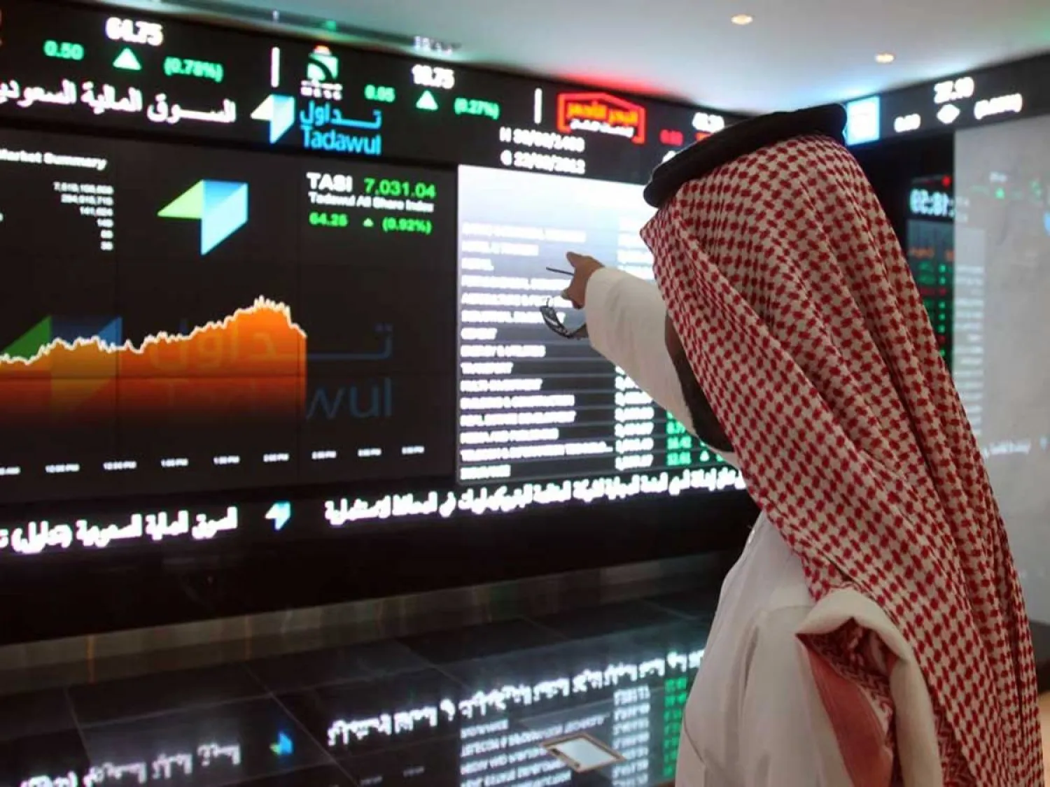 A trader monitors stock movements on a screen at the Saudi stock exchange. (Reuters)