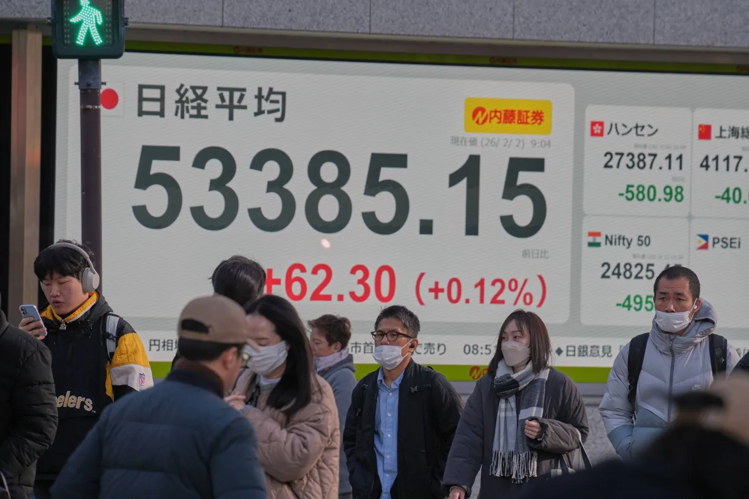 مشاة يمرون أمام شاشة إلكترونية تعرض حركة الأسهم وسط طوكيو (أ.ب)