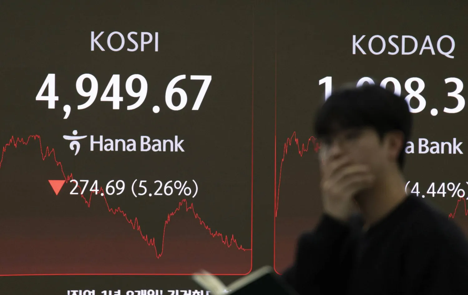 متداول كوري جنوبي يقف متأثراً أمام شاشة مراقبة مؤشر «كوسبي» في بنك هانا بسيول (إ.ب.أ)