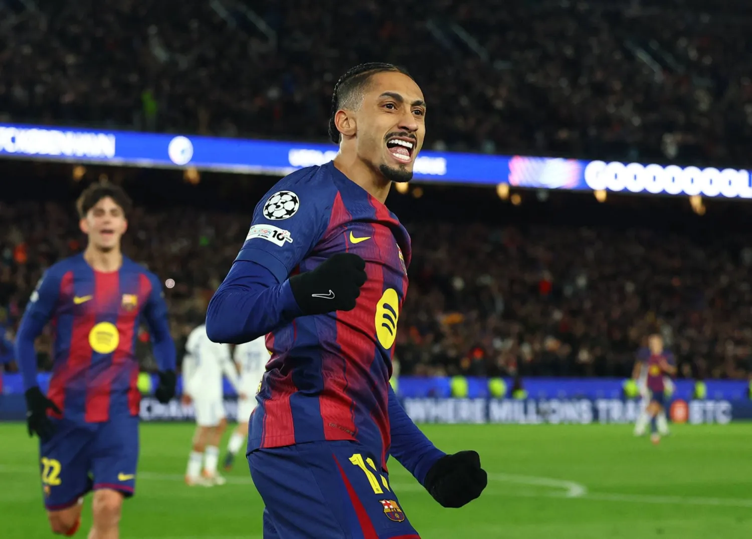 Football - UEFA Champions League - FC Barcelona v FC Copenhagen - Spotify Camp Nou, Barcelona, Spain - January 28, 2026 FC Barcelona's Raphinha celebrates scoring their third goal. (Reuters)