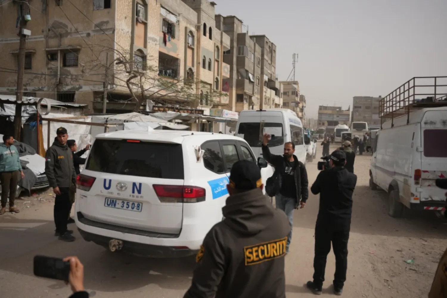 UN vehicle escorts a bus carrying Palestinian patients in Khan Younis as they head to the Rafah crossing, leaving the Gaza Strip for medical treatment abroad, Monday, Feb. 2, 2026. (AP Photo/Abdel Kareem Hana)