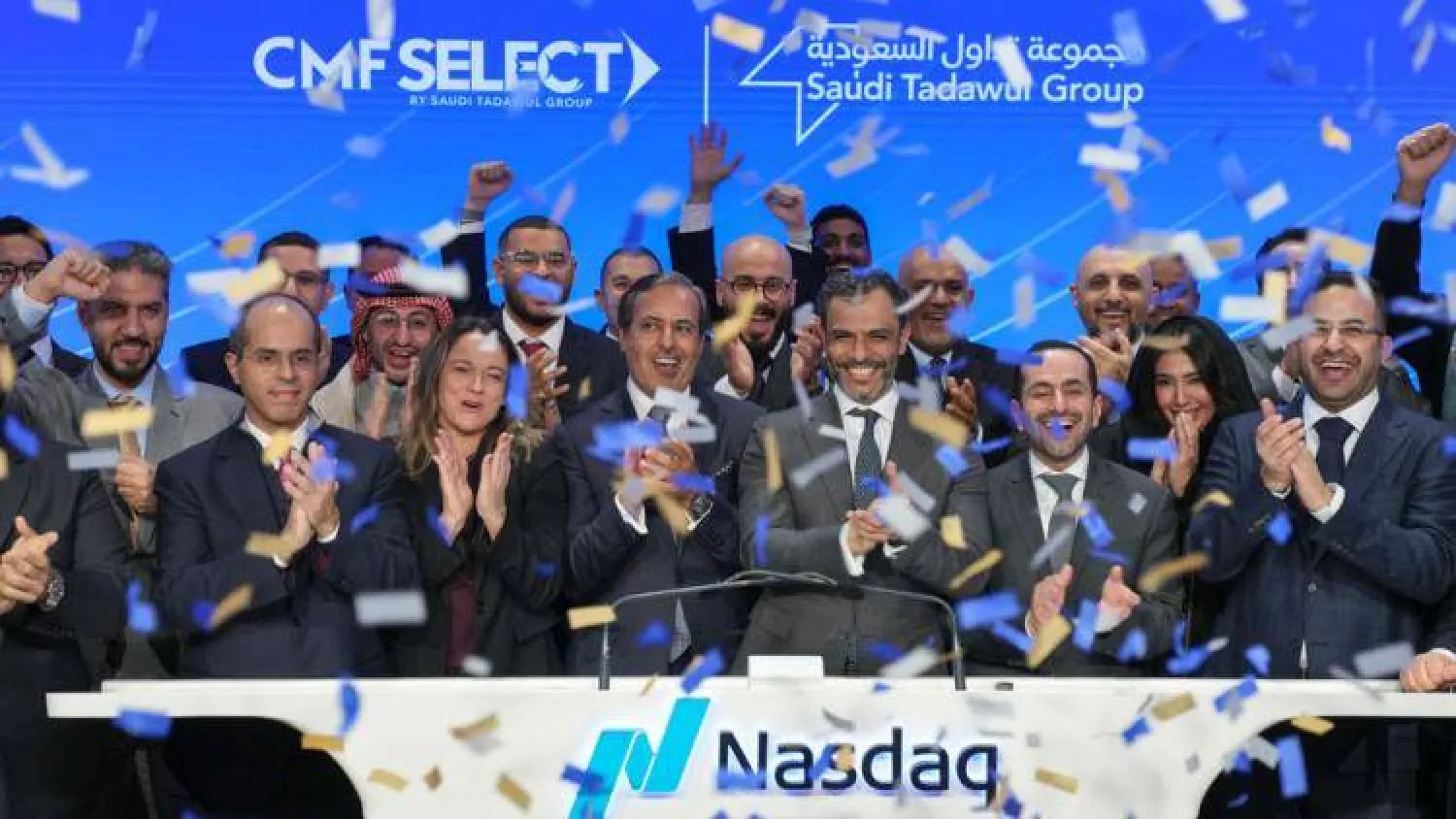 Senior executives from Saudi Tadawul Group take part in the ceremony to ring the closing bell at the Nasdaq Stock Exchange (Nasdaq)