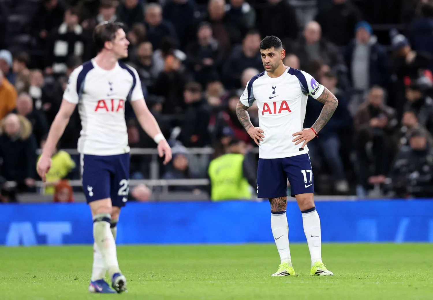 Football - Premier League - Tottenham Hotspur v Manchester City - Tottenham Hotspur Stadium, London, Britain - February 1, 2026 Tottenham Hotspur's Cristian Romero reacts after Manchester City's Antoine Semenyo scored their second goal. (Reuters)