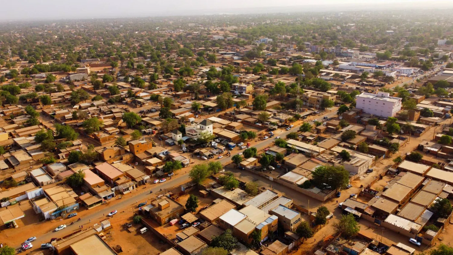 A drone picture shows the main street of a suburb following the attack on the international airport in Niamey, Niger January 30, 2026. REUTERS/ Mahamadou Hamidou