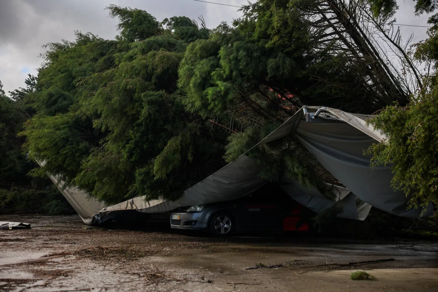 A car is smashed due to storm Kristin, in Leiria, Portugal, February 2, 2026. (Reuters)
