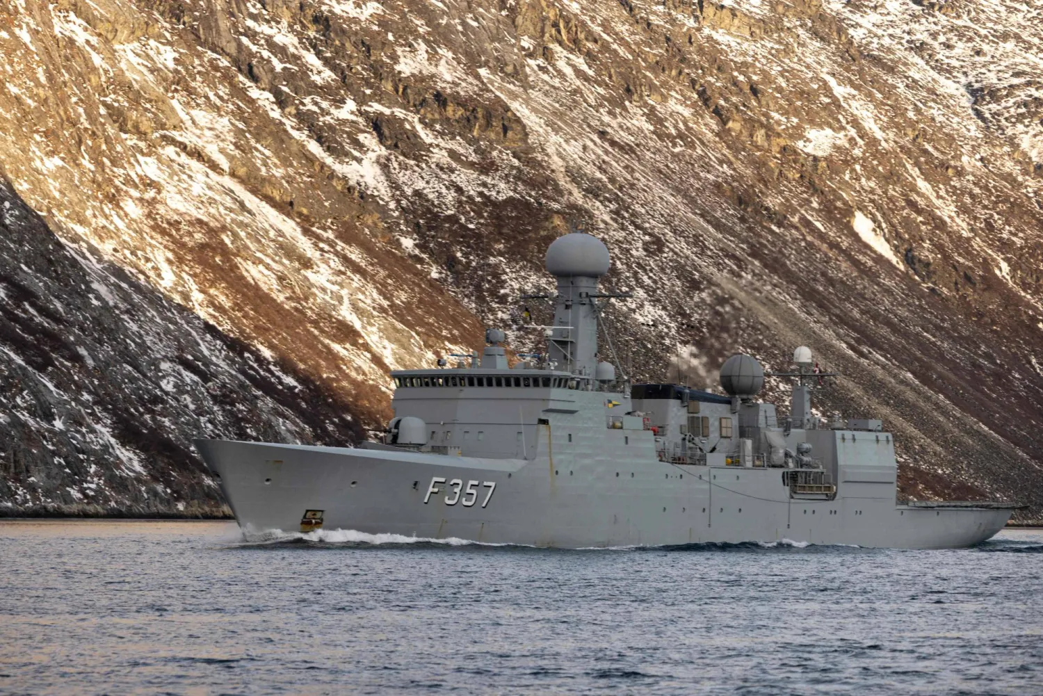 The Danish Navy ocean patrol vessel F357 Thetis is pictured during a visit of Denmark's Defense Minister at the army contribution in Nuuk, Greenland, on January 31, 2026. (AFP) 
