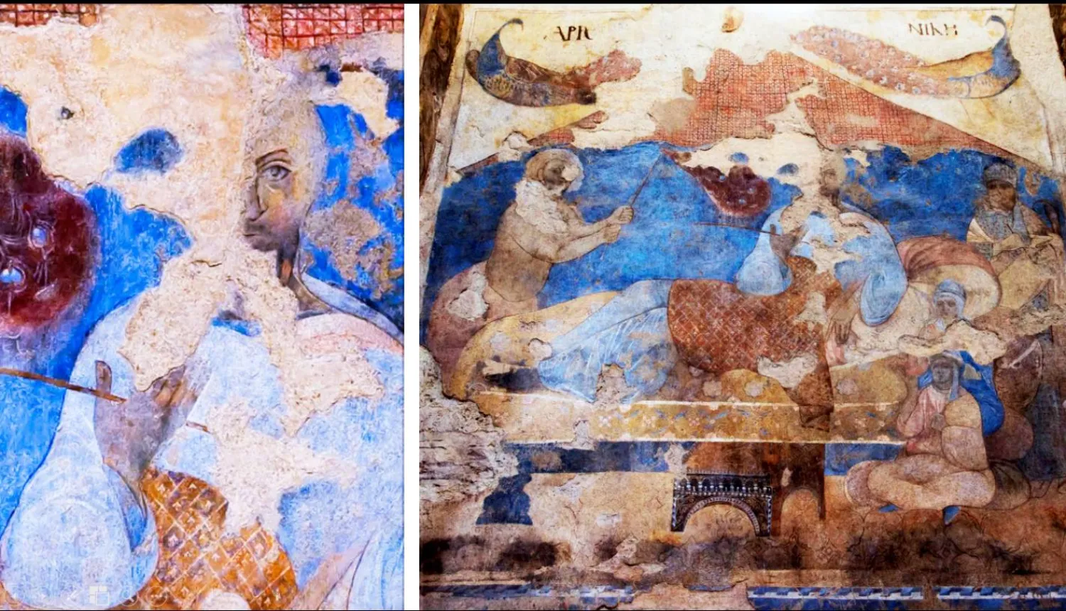 الأمير وسط ديوانه في لوحة من جداريات قصير عمرة في بادية الأردن